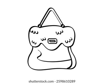Line drawing of a triangular-shaped shoulder bag with a front flap and buckle