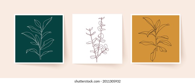 Line drawing of tropical leaves and branches. Modern single line art. Vector illustration.