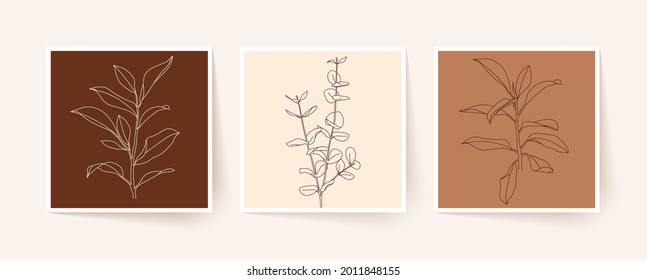 Line drawing of tropical leaves and branches. Modern single line art. Vector illustration.