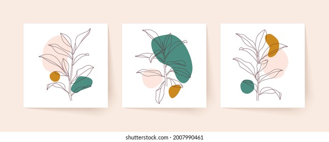 Dibujo de líneas de plantas tropicales con formas orgánicas abstractas. Arte moderno de una sola línea. Ilustración vectorial.