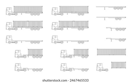 Line drawing of truck and semi-trailer transporting ocean containers Vector illustration set of tractor head and trailer chassis