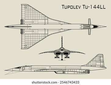 Linienzeichnung eines Tupolev Tu-144LL Flugzeugs, die drei verschiedene Perspektiven zeigt. Die Draufsicht zeigt das Flugzeug von oben und hebt seine langen, geraden Flügel und mehrere Motoren hervor.