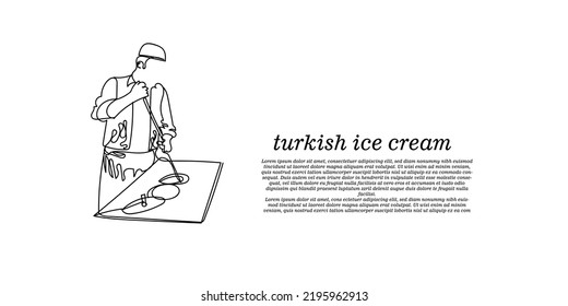 
line drawing of turkish ice cream.continuous line of cute ice cream mongers in turkey.