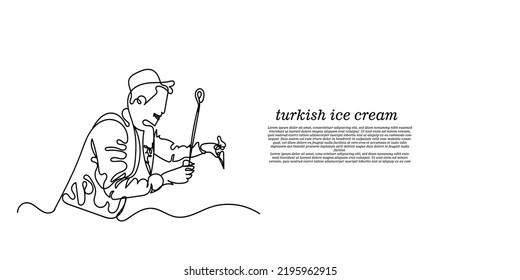 
line drawing of turkish ice cream.continuous line of cute ice cream mongers in turkey.