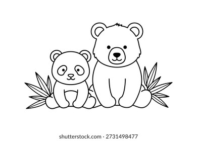 Dibujo de línea de dos osos y hojas sobre fondo transparente
