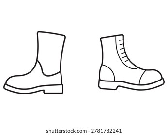 Line drawing of two boots side by side one with laces and one without laces footwear illustration