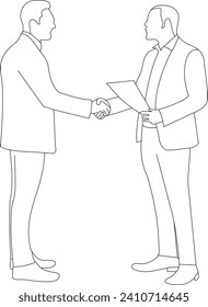 Line drawing of two businessman  handshake with suitcase. Single line of two man shaking hand. Continuous line of two people hold hand each other isolated on white background.