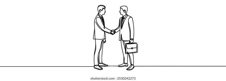 Line drawing of two businessman handshake with suitcase. Single line of two man shaking hand. Continuous line of two people hold hand each other isolated on white background.