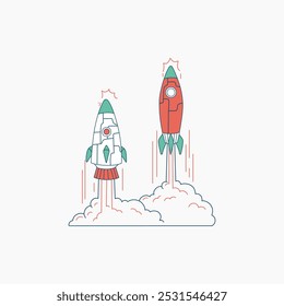 Eine Linienzeichnung von zwei Cartoon-Raketen, die mit Rauch und Flammen in den Himmel schießen.