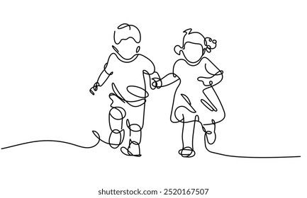 Line Drawing of Two Children Running Hand in Hand symbolizing Friendship, Play, and Joyful Childhood Moments