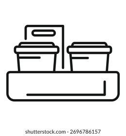 Dibujo en línea de dos tazas de café y una bolsa de papel en una bandeja de alimentos, lo que sugiere que un pedido para llevar está listo para la entrega