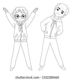 Line Drawing Of Two Elderly People In Sportswear That Make Exercise. Old Men Play Sports.