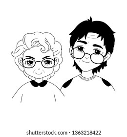 Line drawing of two elderly people. Old Men in glasses and sweaters. Mature slender woman with short blonde hair. An elderly man with black hair.Black and white vector illustration. Linear vector.