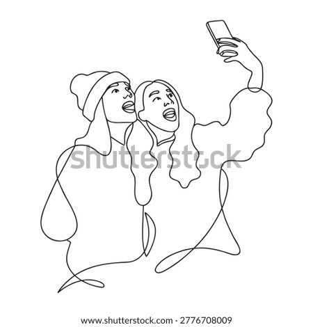 Line drawing of two friends taking a selfie with a smartphone for modern friendship day concept