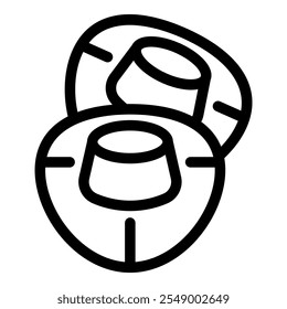 Line drawing of two halves of an exotic fruit revealing the white flesh inside the shell