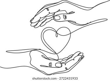 Un dibujo de línea de dos manos acunando un corazón con una llave, simbolizando amor y cuidado