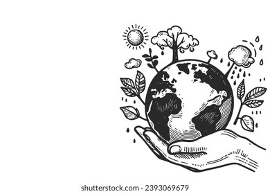 line drawing of two hands holding globe earth or earth planet with growth plant World Plants. Save world environment day concept vector illustration on white Background