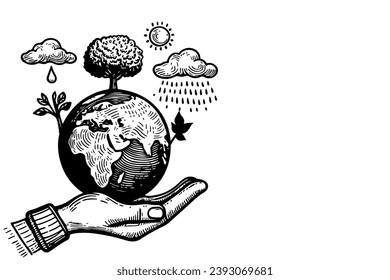 line drawing of two hands holding globe earth or earth planet with growth plant World Plants. Save world environment day concept vector illustration on white Background
