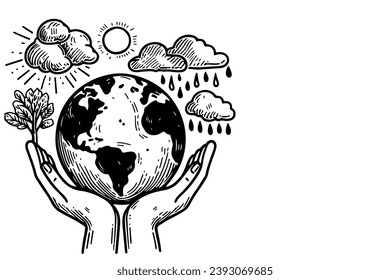 line drawing of two hands holding globe earth or earth planet with growth plant World Plants. Save world environment day concept vector illustration on white Background