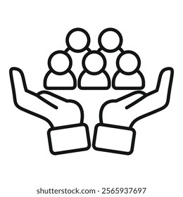 Line drawing of two hands holding five people representing the concept of human resources management