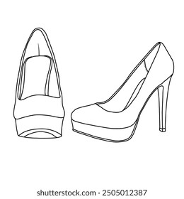 A line drawing of two high-heeled platform shoes, Technical sketch hand drawing outline vector doodle illustration, side and front view isolated on white background