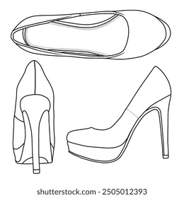 Eine Strichzeichnung von zwei hochhackigen Plattform Schuhe, Technische Skizze Handzeichnung Umriss Vektor Doodle Illustration, verschiedene Ansicht einzeln auf weißem Hintergrund