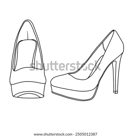 A line drawing of two high-heeled platform shoes, Technical sketch hand drawing outline vector doodle illustration, side and front view isolated on white background
