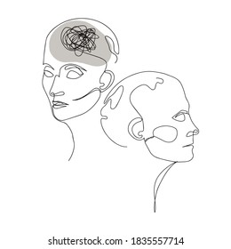Dibujo en línea de dos cabezas humanas con pensamientos confusos en un solo cerebro. Ilustración Vectorial Para Terapistas Y Psicólogos