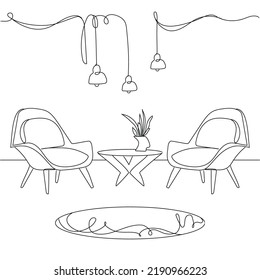 Line drawing of two modern armchairs and coffee table with vase with flowers.Modern minimal interior design.Hanging pendant Loft lamps.Scandinavian stylish furniture in simple Linear style.Vector 