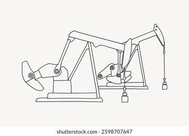 Line drawing of two oil pump jacks, showcasing industrial machinery. The oil pump jacks are depicted in a simple, minimalist style against a plain background. Doodle illustration vector.