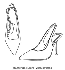 Eine Strichzeichnung von zwei Paaren von eleganten Slingback High Heels, spitzen Zeh und einem zarten Knöchelriemen, Technische Skizze Handzeichnung Umriss Vektor Doodle Illustration einzeln auf weißem Hintergrund