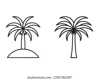 Line drawing of two palm trees one on mound and one with long thin trunk and large leaves