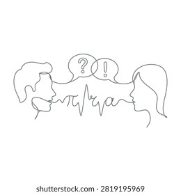 Line drawing of two people discussing with question and exclamation marks