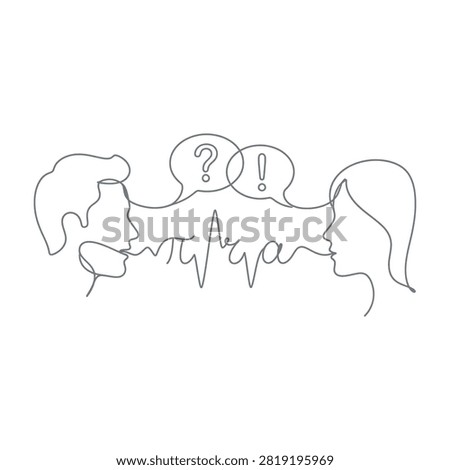 Line drawing of two people discussing with question and exclamation marks