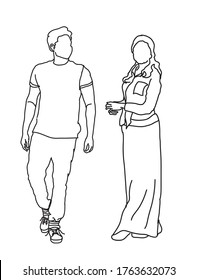 Line Drawing Of Two People One Man Walking And One Girl In Standing Position