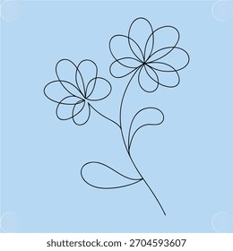 Línea de dibujo de dos flores simples con hojas de flor azul claro