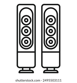 Dibujo en línea de dos altavoces de audio altos de pie en el suelo, que ofrecen un sonido de alta calidad