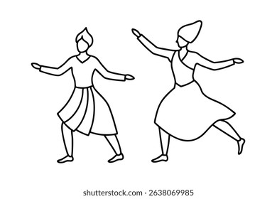 Line drawing two women dancing traditional dress