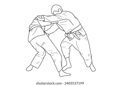 Line drawing of two young sportive judoka fighter. Judoist, judoka, athlete, duel, fight, judo