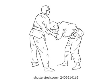 Line drawing of two young sportive judoka fighter. Judoist, judoka, athlete, duel, fight, judo