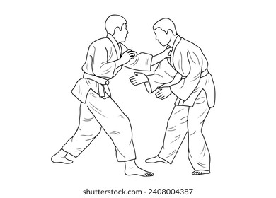 Line drawing of two young sportive judoka fighter. Judoist, judoka, athlete, duel, fight, judo