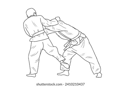 Line drawing of two young sportive judoka fighter. Judoist, judoka, athlete, duel, fight, judo