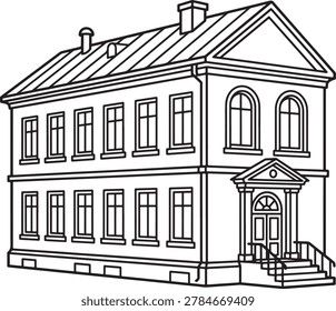Line drawing of a twostory house with many windows and a front door