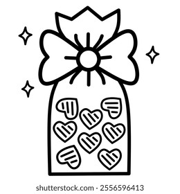 Line Drawing of Valentine's Day Chocolates Gift. Love Chocolate Treats in Plastic Bag with Ribbon Tied.