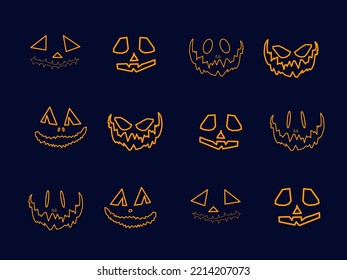 line drawing of varied pumpkin faces isolated on a blue background