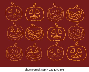 line drawing of varied pumpkin isolated on red background