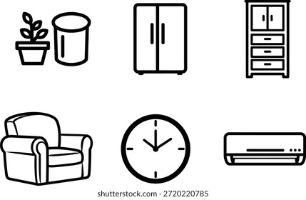 Dibujo de línea de varios objetos domésticos y muebles para la decoración del hogar