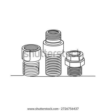 Line drawing of various metal fasteners including bolts nuts and couplings