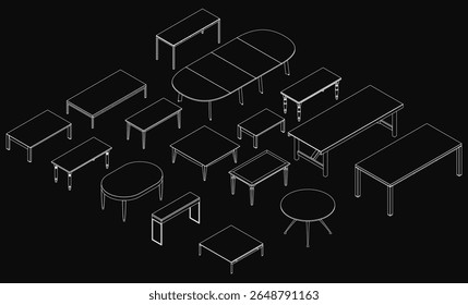 A line drawing of various tables arranged in a circular formation on a black background, featuring different shapes and sizes with precise thin lines. The minimalist design creates a modern and clean.
