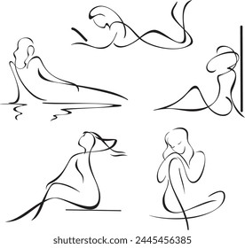 Line drawing vector artistic illustrations of female silhouettes. Beautiful relaxing women sketches, vinyl and laser ready. Great for beauty, spa and tourism logos, cards, signs, banners and posters.